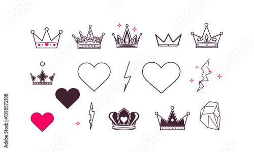 Stylish collection of crown and heart icons featuring various designs, including solid and outlined styles, perfect for creative projects and digital designs