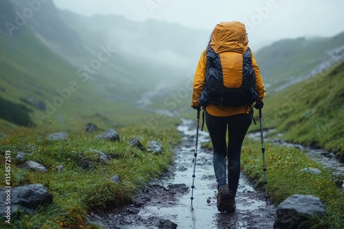 A lone hiker with a yellow backpack navigating a misty, green valley on a cloudy day, embracing the adventure of outdoor exploration.