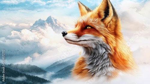A majestic red fox portrait against a breathtaking backdrop of snow-capped mountains and fluffy clouds creates a stunning nature scene perfect for wildlife and nature-themed