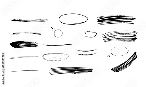 Hand drawn strokes in various shapes and sizes create dynamic and artistic background. These versatile elements can enhance designs, adding personal touch and creative flair