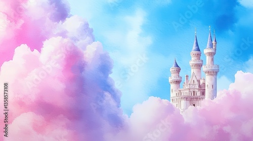 A majestic white fairytale castle sits serenely amidst fluffy pink and blue clouds in a dreamy whical landscape perfect for children's book illustrations and fantasy themed