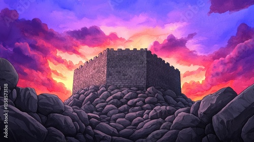 A majestic stone fortress stands atop a rocky mountain peak under a vibrant and dramatic sunset sky with purple and orange hues creating a breathtaking fantasy landscape.
