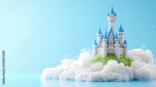 A majestic fairytale castle with blue towers sits atop a fluffy white cloud island against a serene light blue sky background perfect for children's book illustrations or fantasy