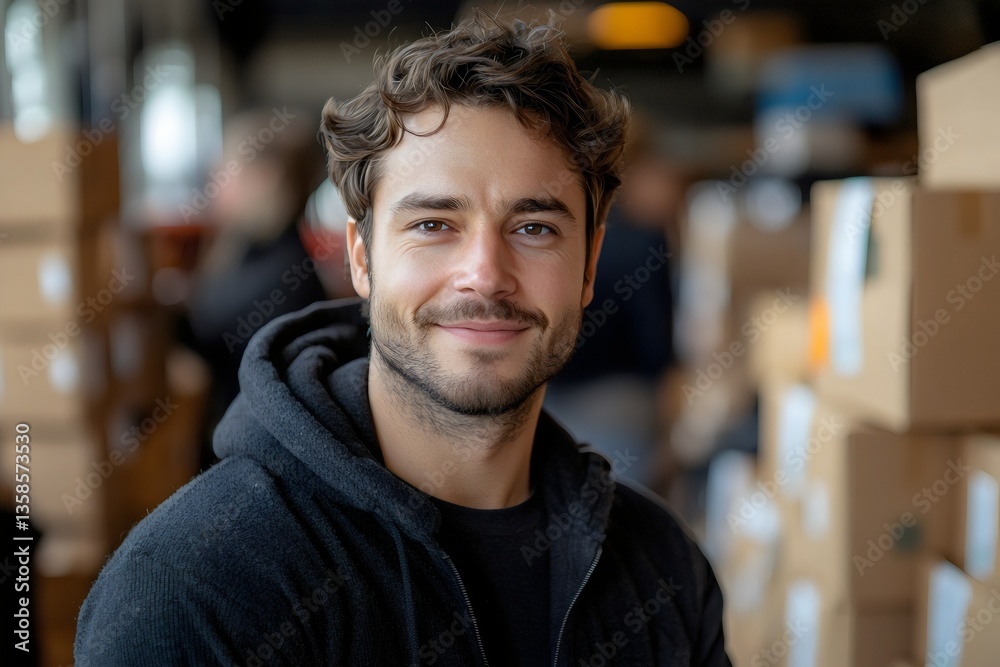 A young man smiling, surrounded by shipping boxes. Worker at a package shipping center.
A young man smiling, surrounded by shipping boxes. Worker at a package shipping center.
