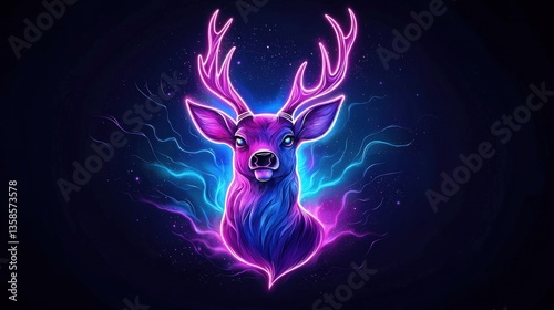 A majestic neon deer head glows vibrantly against a dark background its antlers illuminated in bright pink and blue hues creating a striking and stylish digital art piece perfect