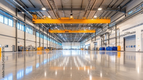 Massive Industrial Factory Interior with Overhead Crane and Space