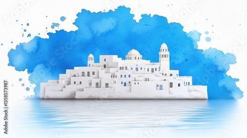 A picturesque rende of a whitewashed Mediterranean village led on the coast against a vibrant blue watercolor background reflecting tranquility and serenity.