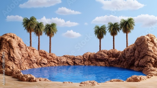 A serene oasis featu a tranquil blue pool led within reddish-brown rocky formations and surrounded by lush green palm trees under a vibrant blue sky with fluffy white
