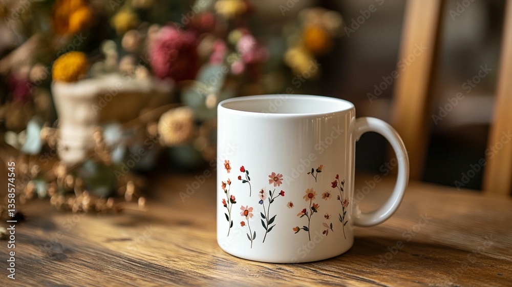 Floral Mug on Wooden Table Floral Mug on Wooden Table