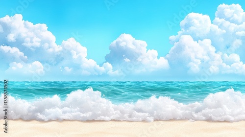 A picturesque summer beach scene features a tranquil ocean with gentle waves lapping a pristine sandy shore under a vibrant blue sky dotted with fluffy white clouds ideal for
