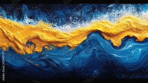 Abstract gold and blue paint swirls, dynamic texture, modern art, background design