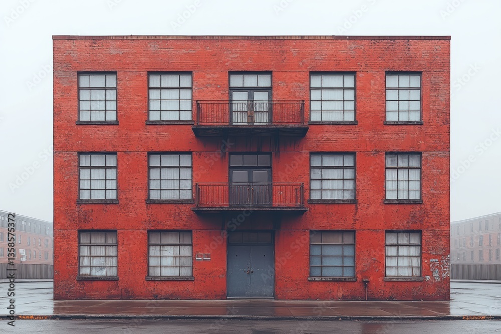 A striking red brick building featuring large windows and a minimalist design, set against a foggy backdrop. A striking red brick building featuring large windows and a minimalist design, set against a foggy backdrop.