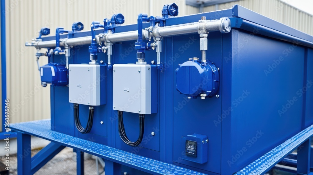Industrial Blue Storage Tanks with Pumps and Control Units Outdoors Industrial Blue Storage Tanks with Pumps and Control Units Outdoors