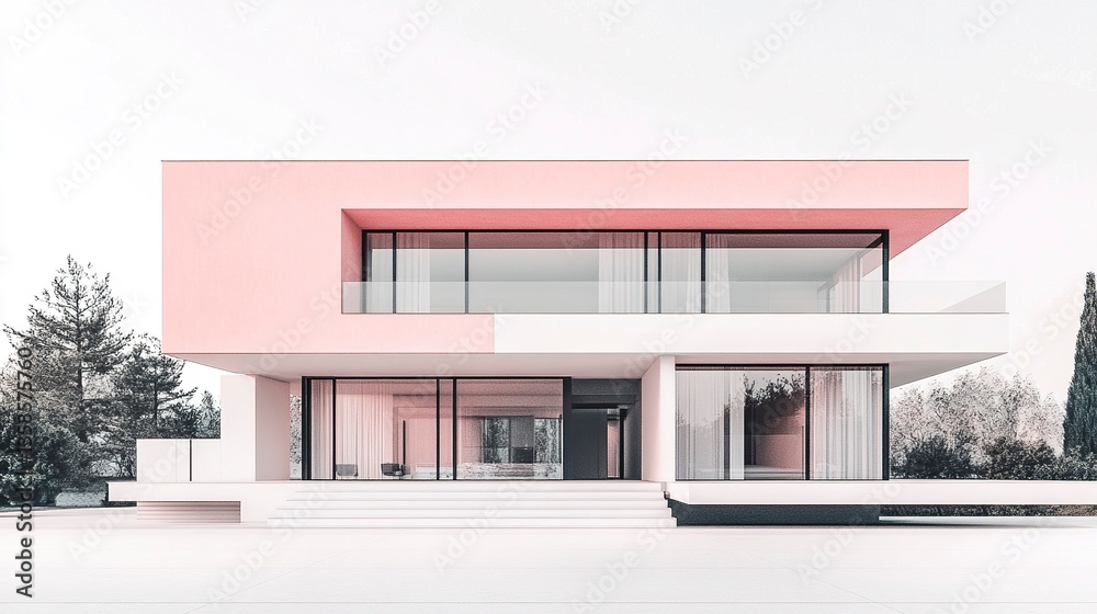 A beautifully designed pink and white modern house with sleek proportions and a minimalist aesthetic, standing out crisply against a white background. A beautifully designed pink and white modern house with sleek proportions and a minimalist aesthetic, standing out crisply against a white background.