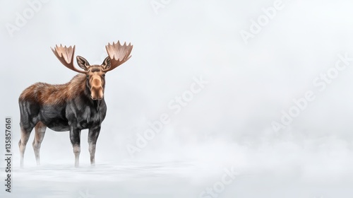 A majestic bull moose stands in a snowy winter landscape, its large antlers prominent against a hazy white background, showcasing its powerful presence in a serene, cold