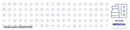 100 Medical Icons Collection. Thin line icon. Editable stroke. bed, medicine, blood bag, vaccine, hospital bed, antidepressant, pills, mri, hospital, medical, ecg