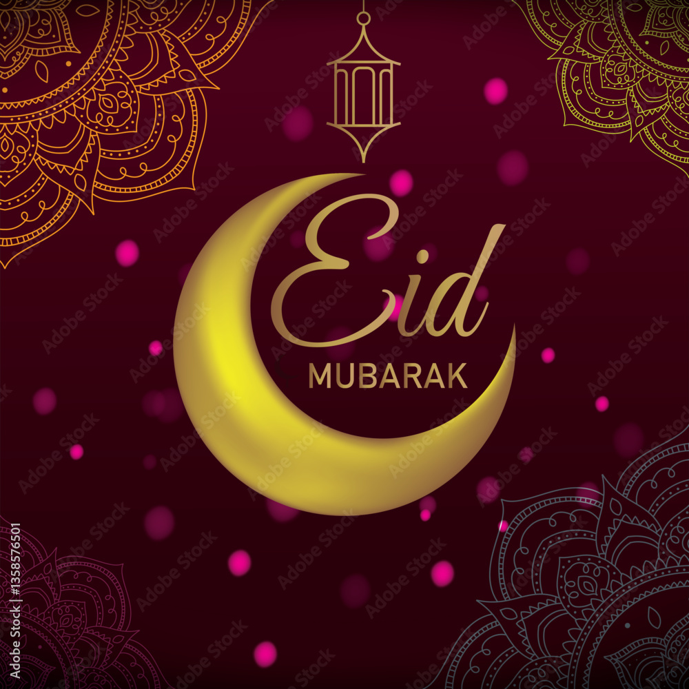 Fototapeta premium Eid Mubarak banner, Eid Mubarak poster, Eid Mubarak card, Eid Mubarak template with lump, shine pink dots, mandala design, golden typography with beautiful dark red background with vector 