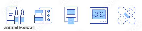 ampoule, antidepressant, blood test, x ray, bandage. Medical Icon vector illustration. Line Duotone style. Editable stroke