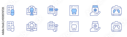 Medical icon set in two styles, Duotone and Thin Line style. Editable stroke. drug, tomography, holter, tooth, medicine, x rays