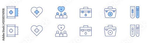 Medical icon set in two styles, Duotone and Thin Line style. Editable stroke. medical kit, medical test, surgical tape, heart, support