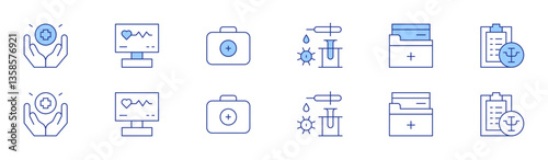 Medical icon set in two styles, Duotone and Thin Line style. Editable stroke. medical lab, medical file, medical history, health, monitor, first aid kit