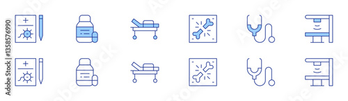 Medical icon set in two styles, Duotone and Thin Line style. Editable stroke. medical report, medication, medical bed, x ray, medical checkup, x rays