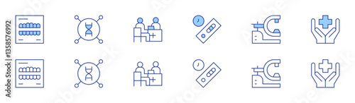 Medical icon set in two styles, Duotone and Thin Line style. Editable stroke. medical test, x ray, genetic, benefits, doctor consultation