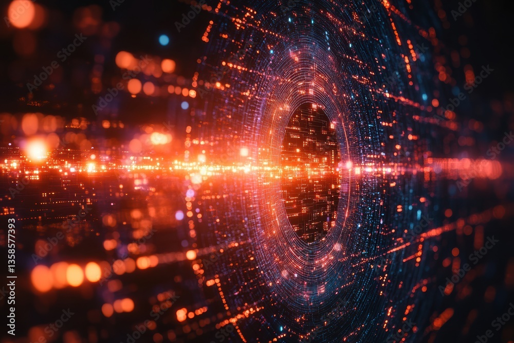 Obraz premium A vibrant, abstract digital design featuring luminous particles and swirling patterns that evoke a sense of futuristic technology.