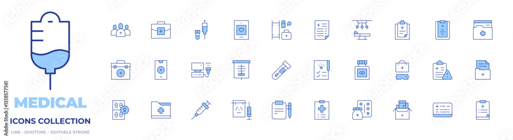 Medical icons collection. Line Duotone style, editable stroke. medicine, cytology, ultrasonography, operating room, injection, vaccine, x rays, medical Medical icons collection. Line Duotone style, editable stroke. medicine, cytology, ultrasonography, operating room, injection, vaccine, x rays, medical