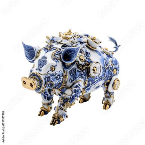 Obraz na płótnie Ornate Porcelain Pig Figurine in Blue and White with Gold Accents w salonie