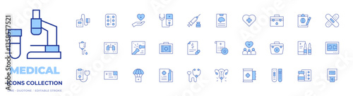 Medical icons collection. Line Duotone style, editable stroke. intravenous therapy, syringe, diagnosis, report, tensiometer, ampoule, antidepressant, x ray