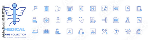 Medical icons collection. Line Duotone style, editable stroke. pregnancy, syringe, biopsy, bones, medicine, pill, cardiogram, medication, medical appointment
