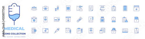 Medical icons collection. Line Duotone style, editable stroke. medicine, cytology, ultrasonography, operating room, injection, vaccine, x rays, medical