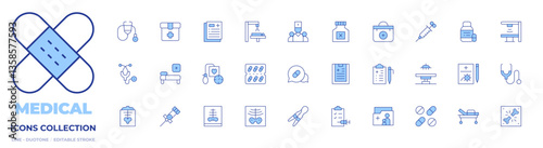 Medical icons collection. Line Duotone style, editable stroke. syringe, pills, surgery room, blood pressure gauge, stethoscope, tweezers, cannula, skeleton