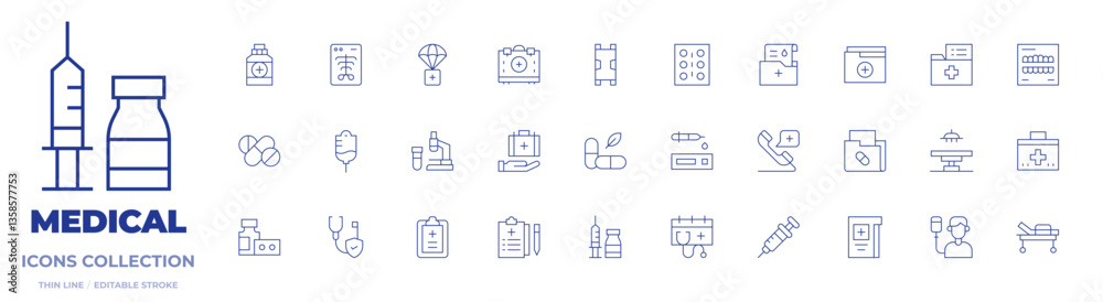 Medical icons collection. Thin Line icons, editable stroke. pills, vaccine, patient, medicine, stretcher, folder, surgery room, medical insurance, medical Medical icons collection. Thin Line icons, editable stroke. pills, vaccine, patient, medicine, stretcher, folder, surgery room, medical insurance, medical