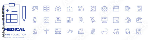 Medical icons collection. Thin Line icons, editable stroke. spine, pills, drug, injury, hospital bed, tomography, blood transfusion, holter, pap smear, tooth