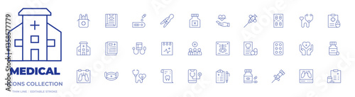 Medical icons collection. Thin Line icons, editable stroke. rapid test, medicine, health check, biopsy, sphygmomanometer, prescription, tweezers, cannula