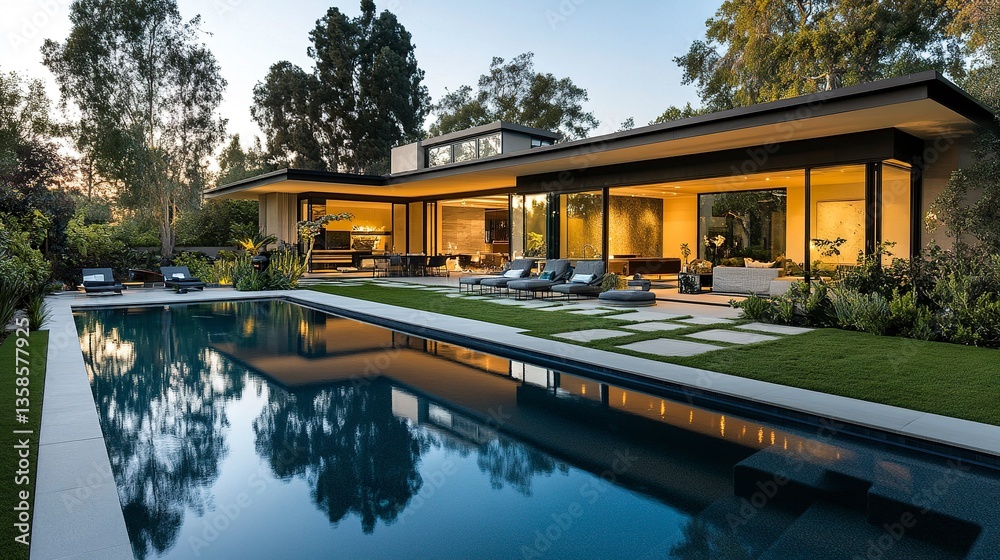 A chic architectural house with a geometric design, a well-manicured backyard, and a shimmering pool reflecting the modern aesthetic. A chic architectural house with a geometric design, a well-manicured backyard, and a shimmering pool reflecting the modern aesthetic.