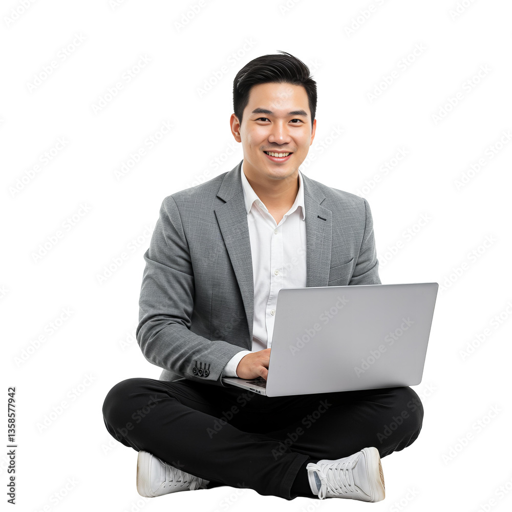 Smiling businessman working on laptop while sitting Smiling businessman working on laptop while sitting