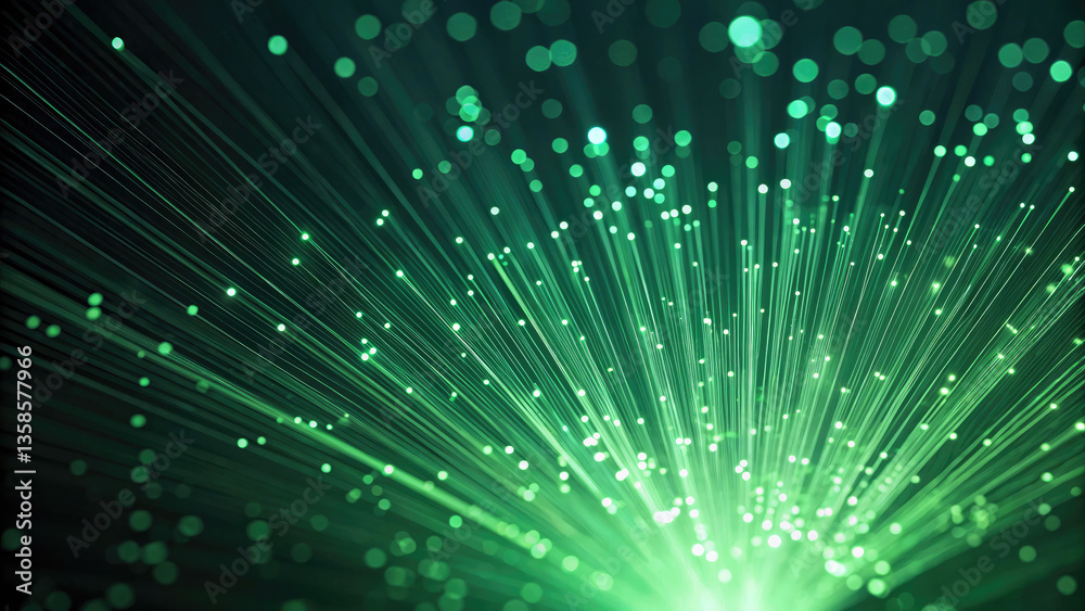 Fototapeta premium Abstract background with green glowing rays and bokeh dots. Big data concept. Vector for banner. Green tech wallpaper.