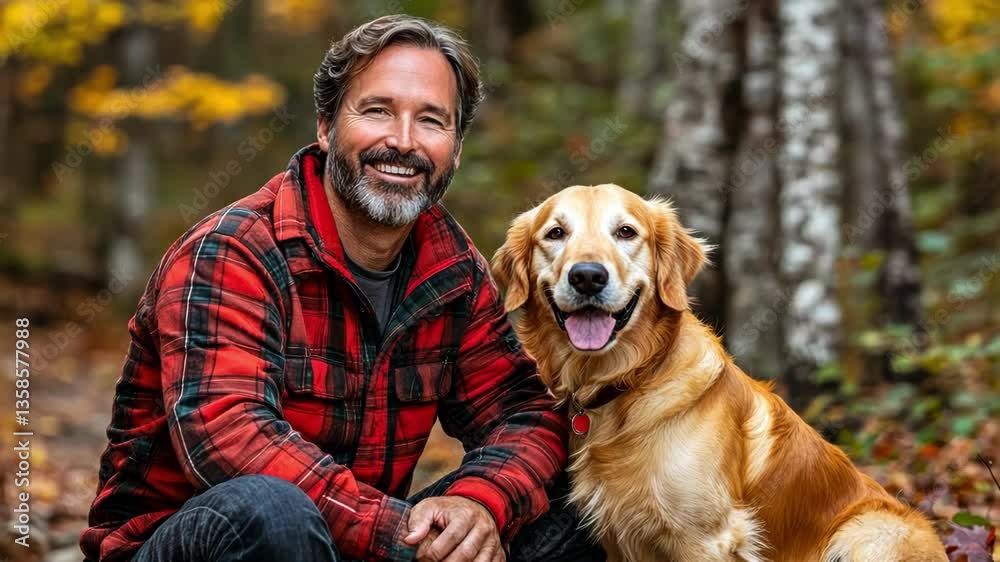 A joyful man sits with his golden retriever in a colorful autumn forest. A joyful man sits with his golden retriever in a colorful autumn forest.