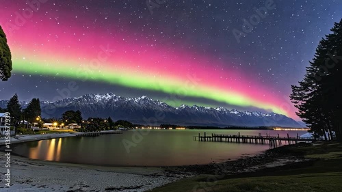 Majestic aurora borealis lights up the night sky over mountains and lake in New Zealand