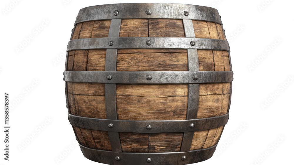Fototapeta premium A rustic wooden barrel with metal bands on a transparent background