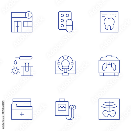 Medical icons set. Thin Line style, editable stroke. drug, tomography, holter, tooth, x rays, medical clinic, medical lab, medical file