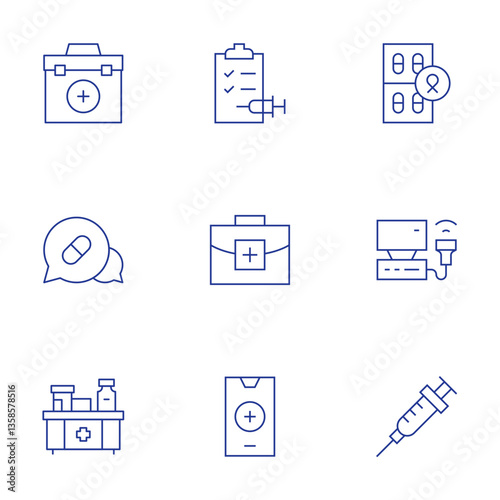 Medical icons set. Thin Line style, editable stroke. medicine, ultrasonography, injection, medical report, medical kit, medical app, meds