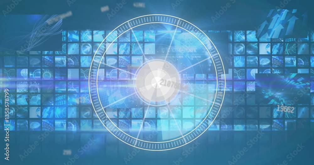 Fototapeta premium Image of circular scope and rising numbers with composite screens behind