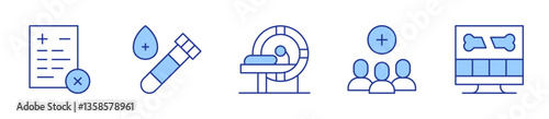 medical report, x ray, blood test, mri, group. Medical Icon vector illustration. Line Duotone style. Editable stroke