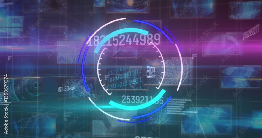 Image of scope scanning, numbers changing and data processing over screens Image of scope scanning, numbers changing and data processing over screens