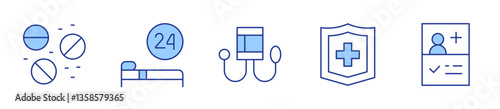 pills, sphygmomanometer, bed, medical, medical history. Medical Icon vector illustration. Line Duotone style. Editable stroke