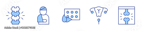 spine, injury, pills, pap smear, x rays. Medical Icon vector illustration. Line Duotone style. Editable stroke